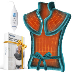 Yokimisu weighted heating pad in use, contouring to neck and shoulders for soothing warmth.