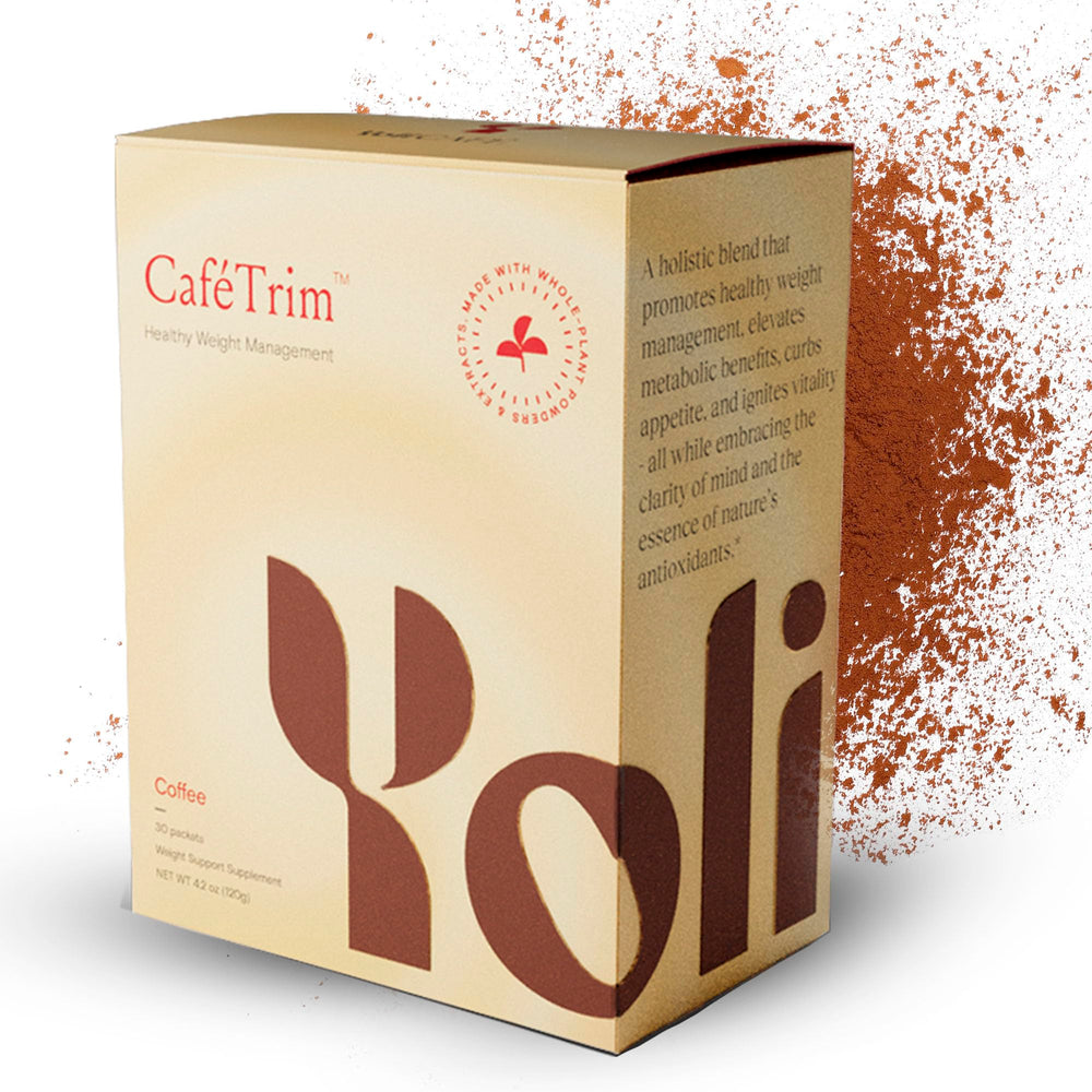 Yoli CaféTrim tub front showing craving control powder for daily energy