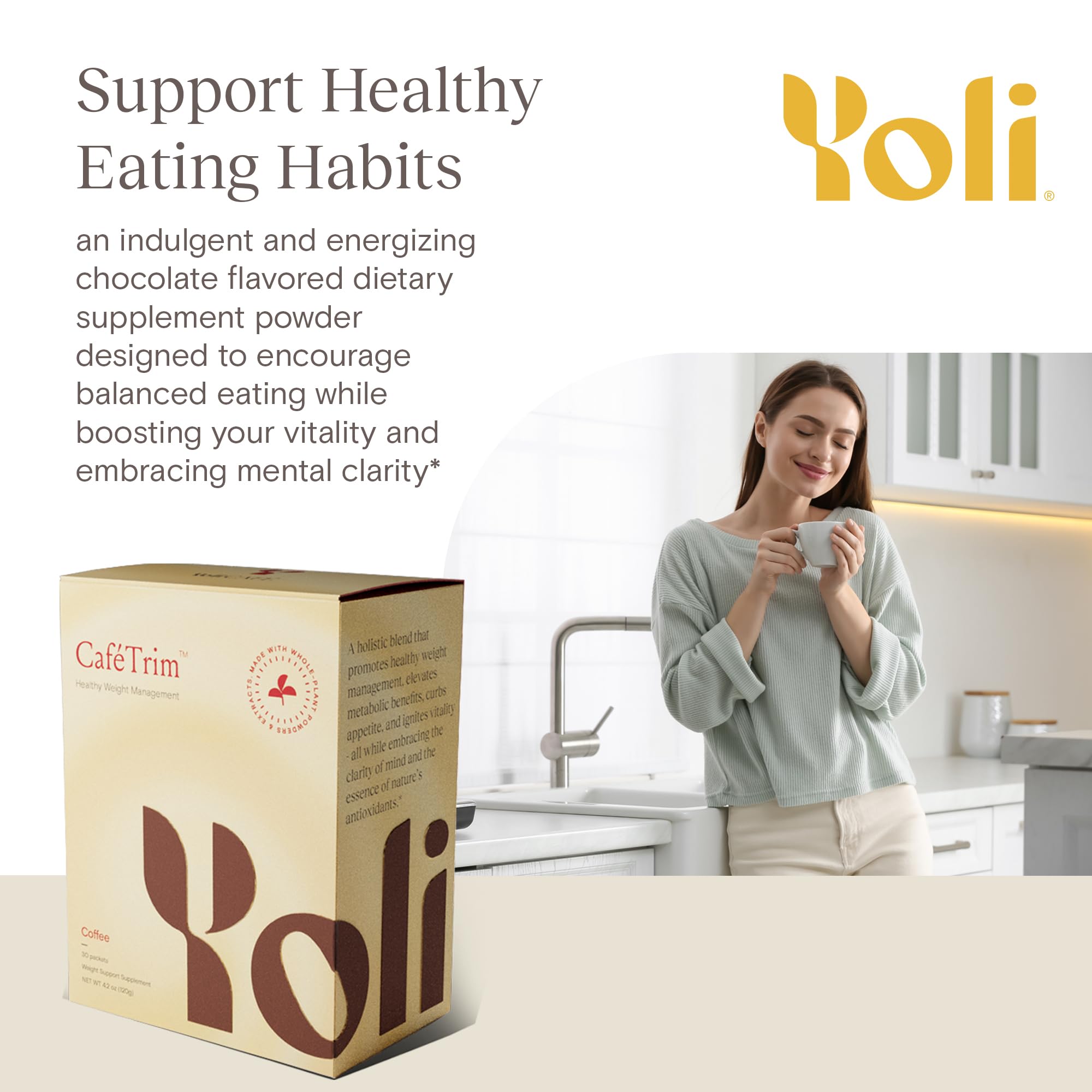 Yoli CaféTrim tub label closeup with clean ingredients for mindful choices