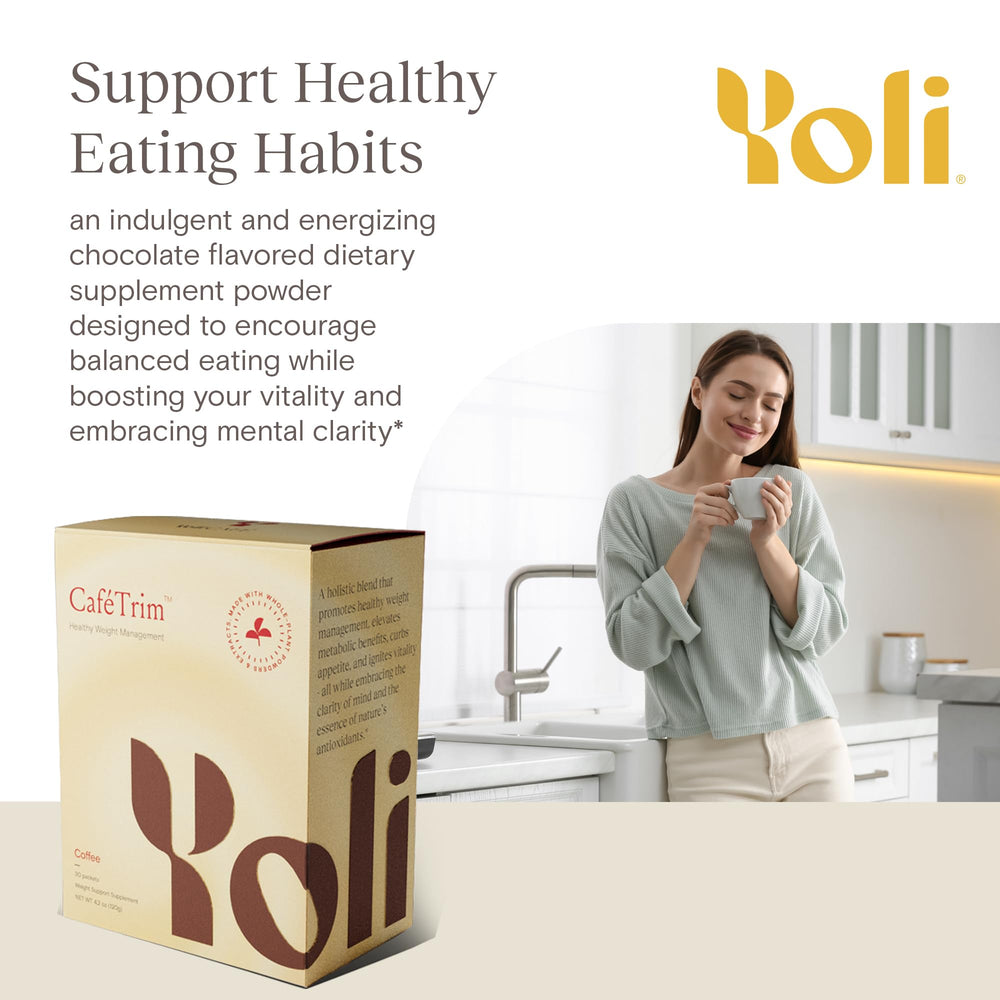 Yoli CaféTrim tub label closeup with clean ingredients for mindful choices