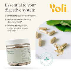 Yoli Enzyme bottle label closeup shows enzyme blend aiding protein breakdown.