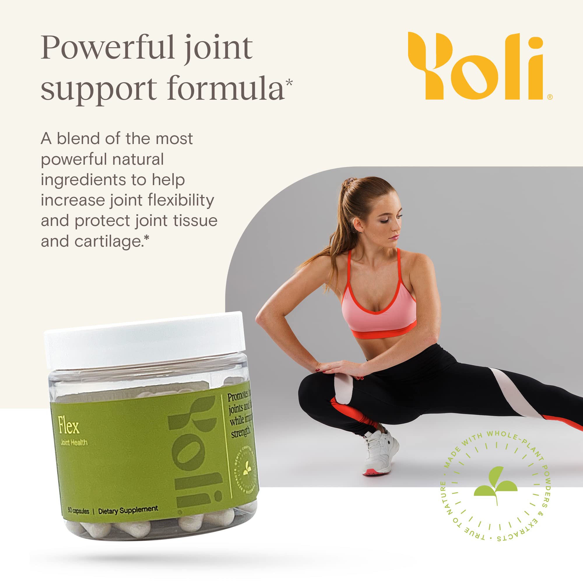 Yoli Flex label detail shows natural ingredients and clean daily use.