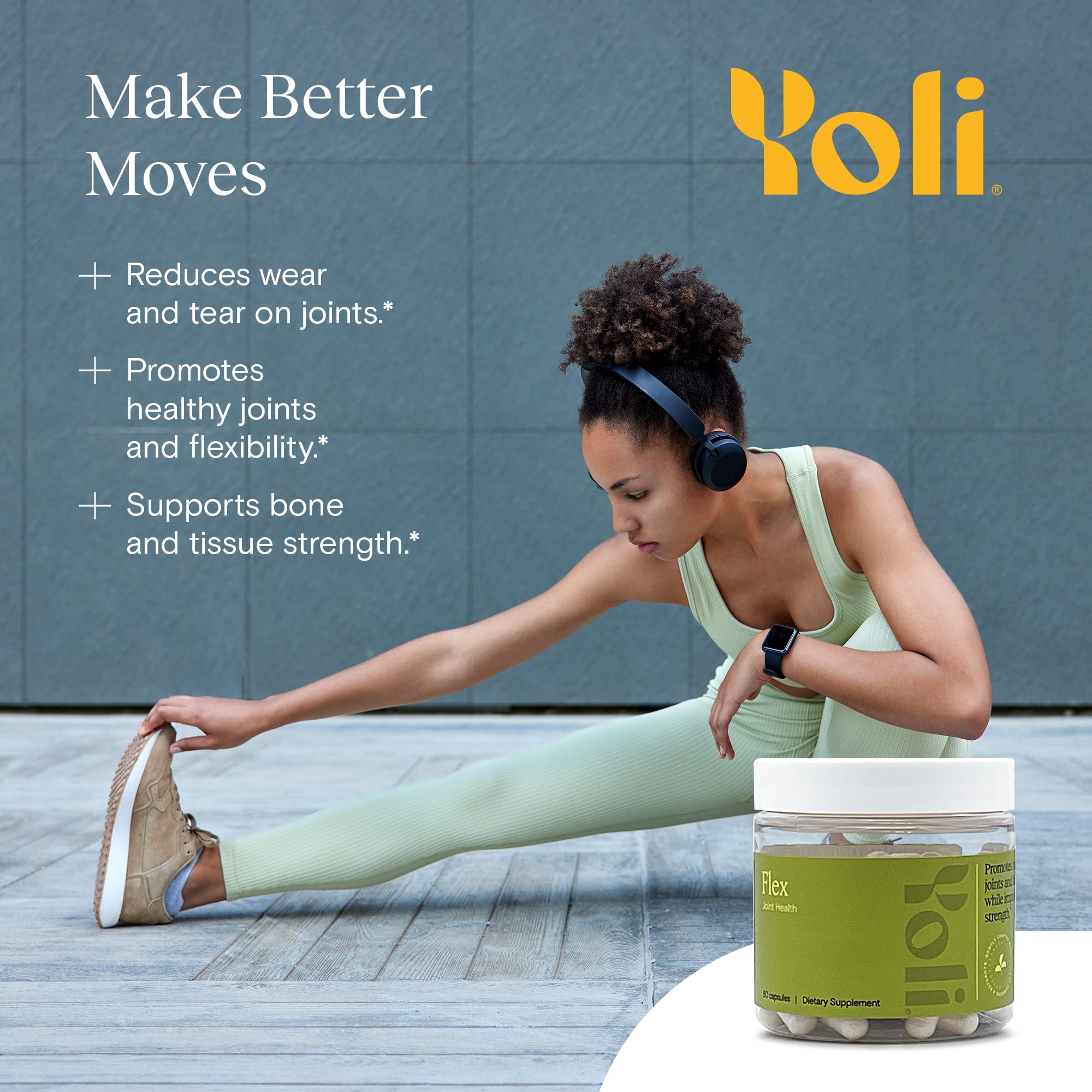 Yoli Flex natural ingredients image communicates plant-based sourcing appeal.