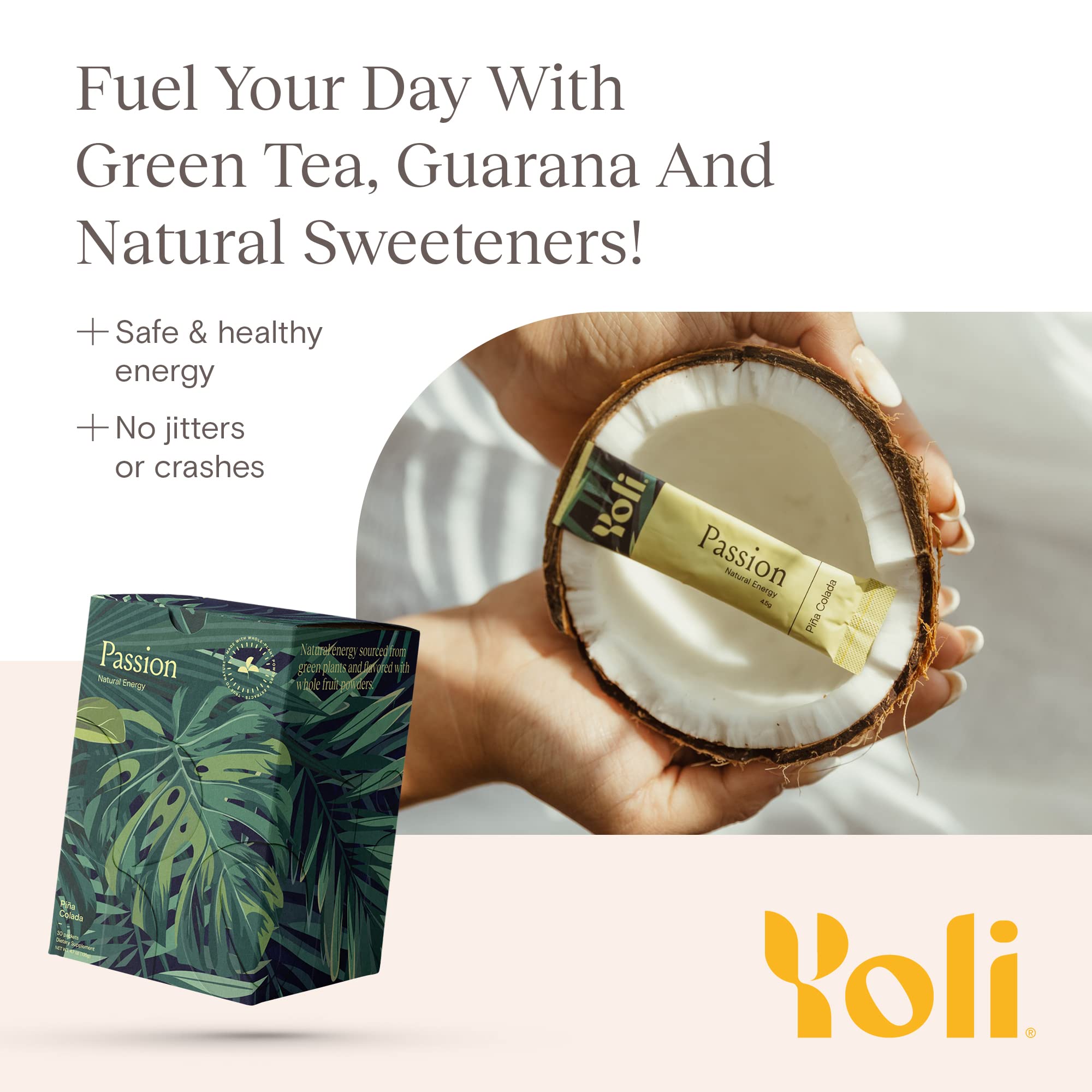 Yoli Passion energy powder dissolving in water forming a refreshing Pina Colada drink