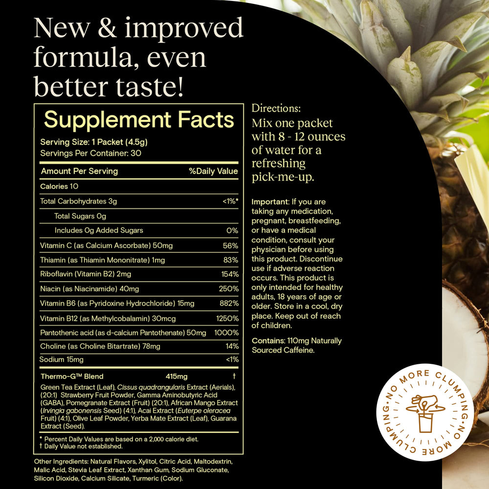 Yoli Passion energy powder label closeup highlighting improved taste in Pina Colada
