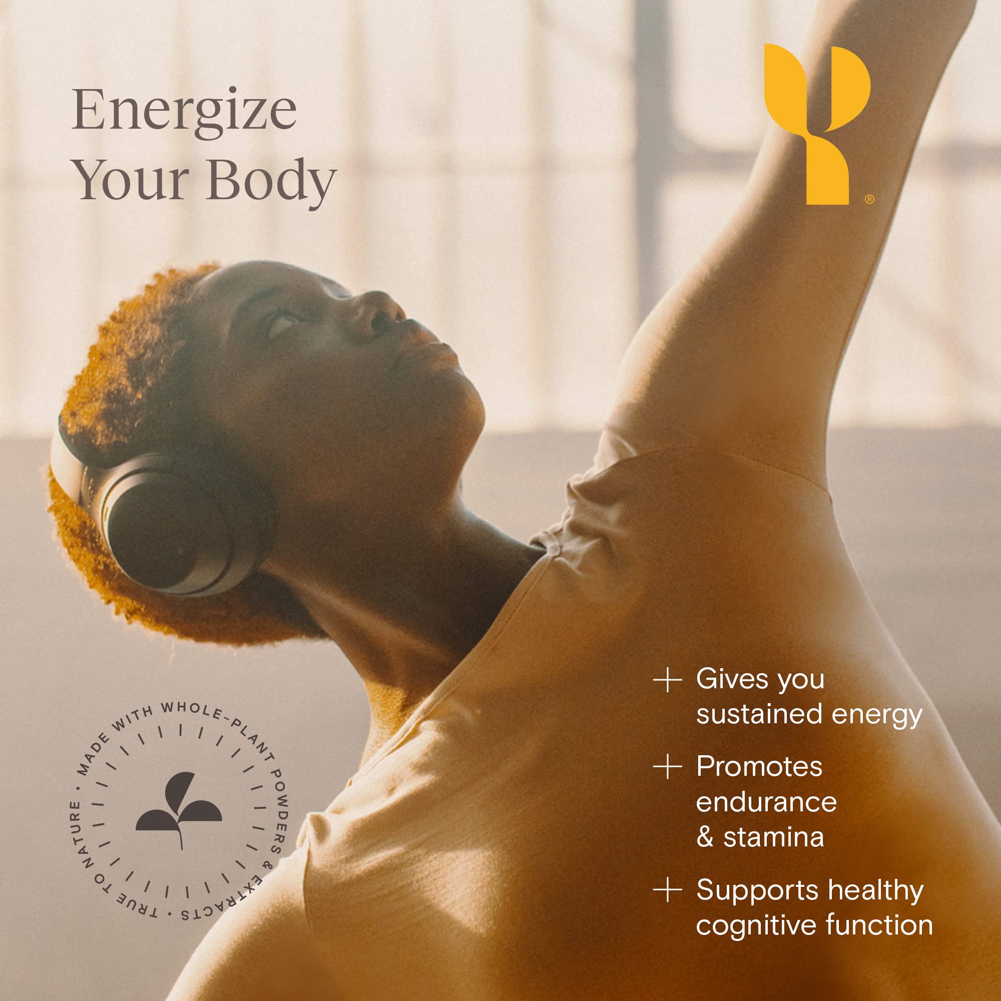 Yoli Passion Green tea leaves highlight natural energy sources.