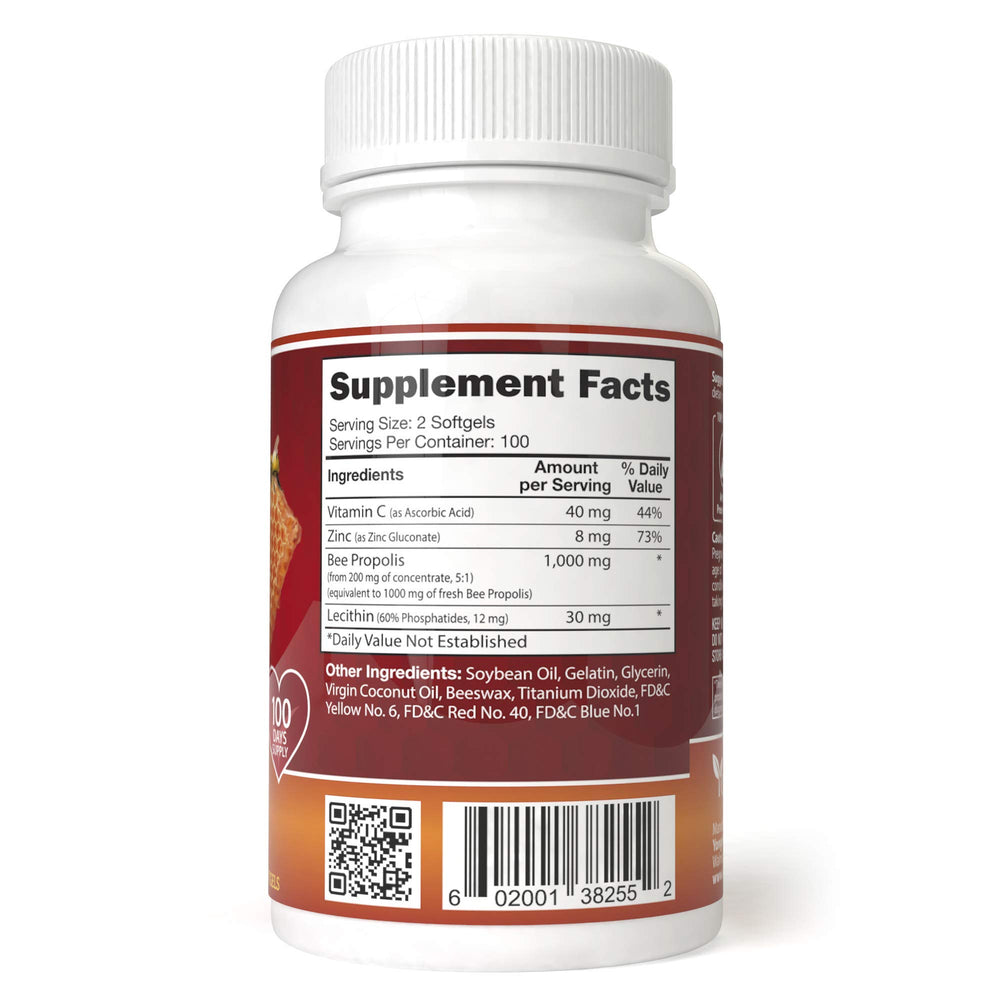 YongWell propolis bottle label with vitamin C and zinc, signaling fortified nutrients