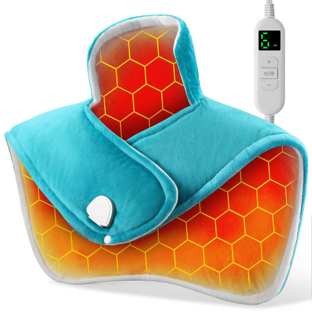 YONJION heating pad wrapped around neck and shoulders for targeted relief.