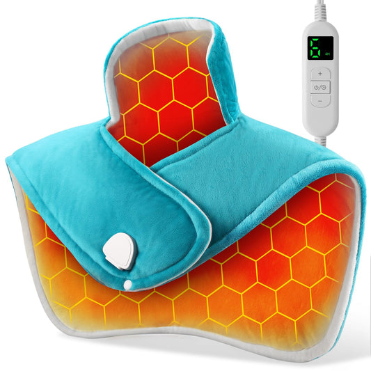 YONJION heating pad wrapped around neck and shoulders for targeted relief.
