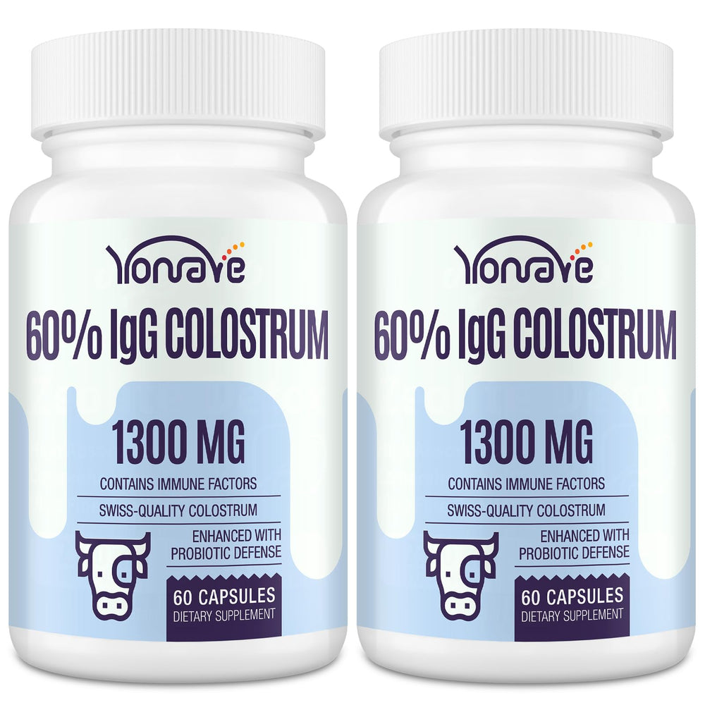 Yonrave bovine colostrum capsules bottle displaying 60% IgG for immune and digestion support.
