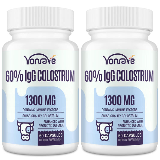 Yonrave bovine colostrum capsules bottle displaying 60% IgG for immune and digestion support.