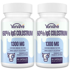 Yonrave bovine colostrum capsules bottle displaying 60% IgG for immune and digestion support.