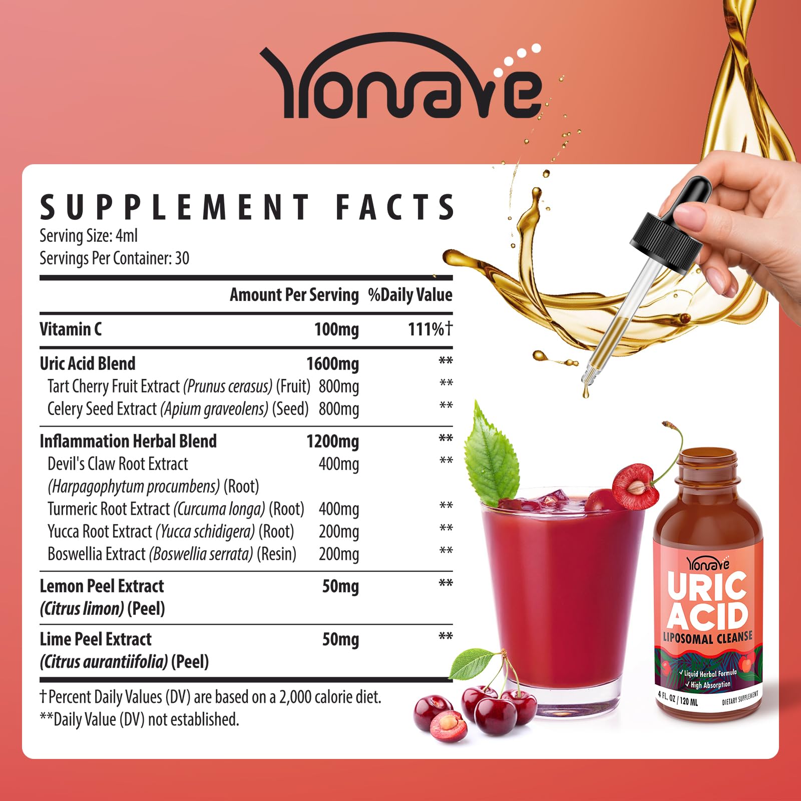 Yonrave Liposomal Uric Acid Drops being poured for easy dosing.