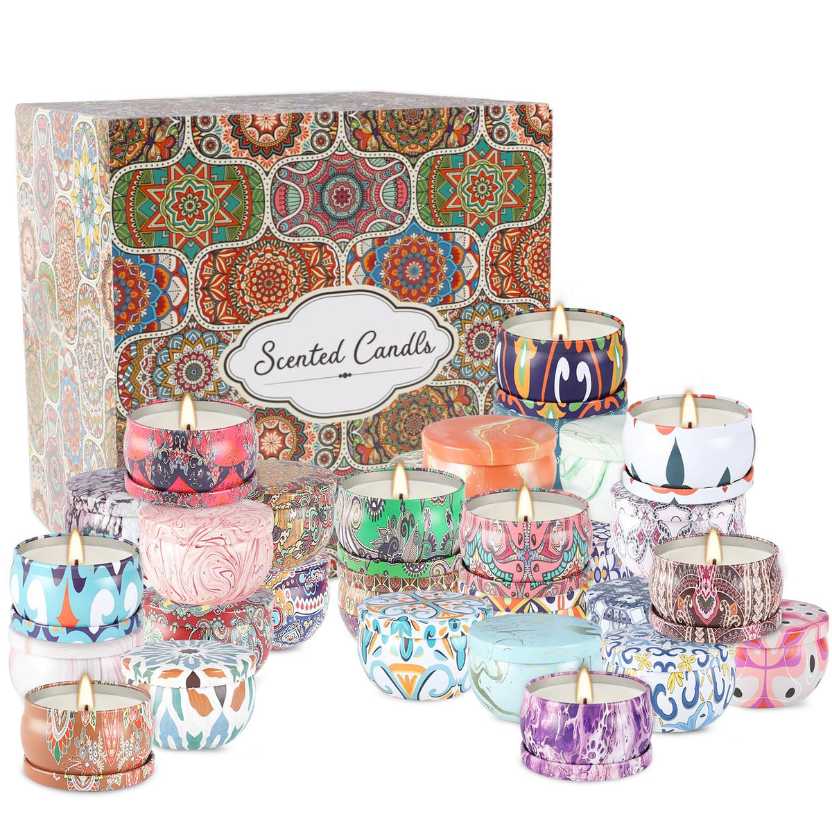 YOROXRG 36-pack scented candles in travel tins, close-up of natural soy wax glow.