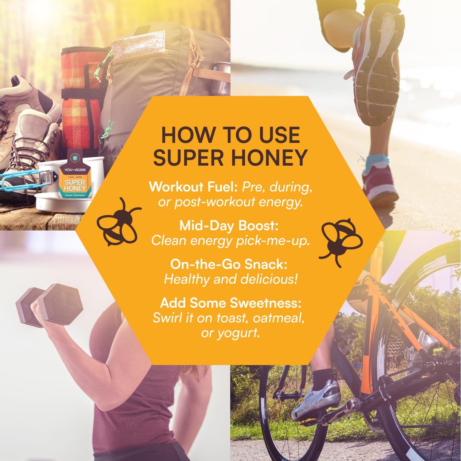 You Again Super Honey packets cycling energy with clean ingredients for steady pace