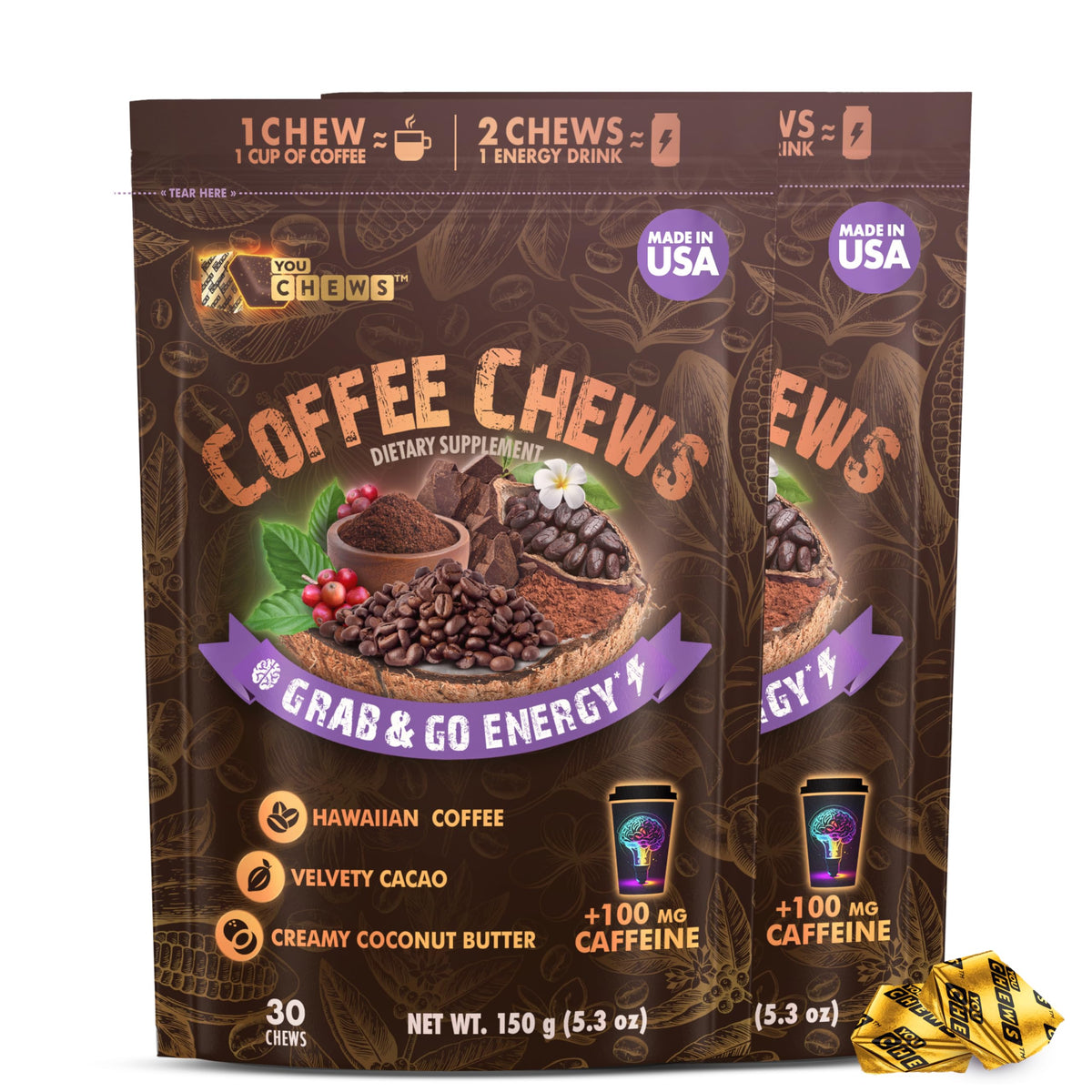 YouChews Coffee Chews packaging for quick on-the-go energy