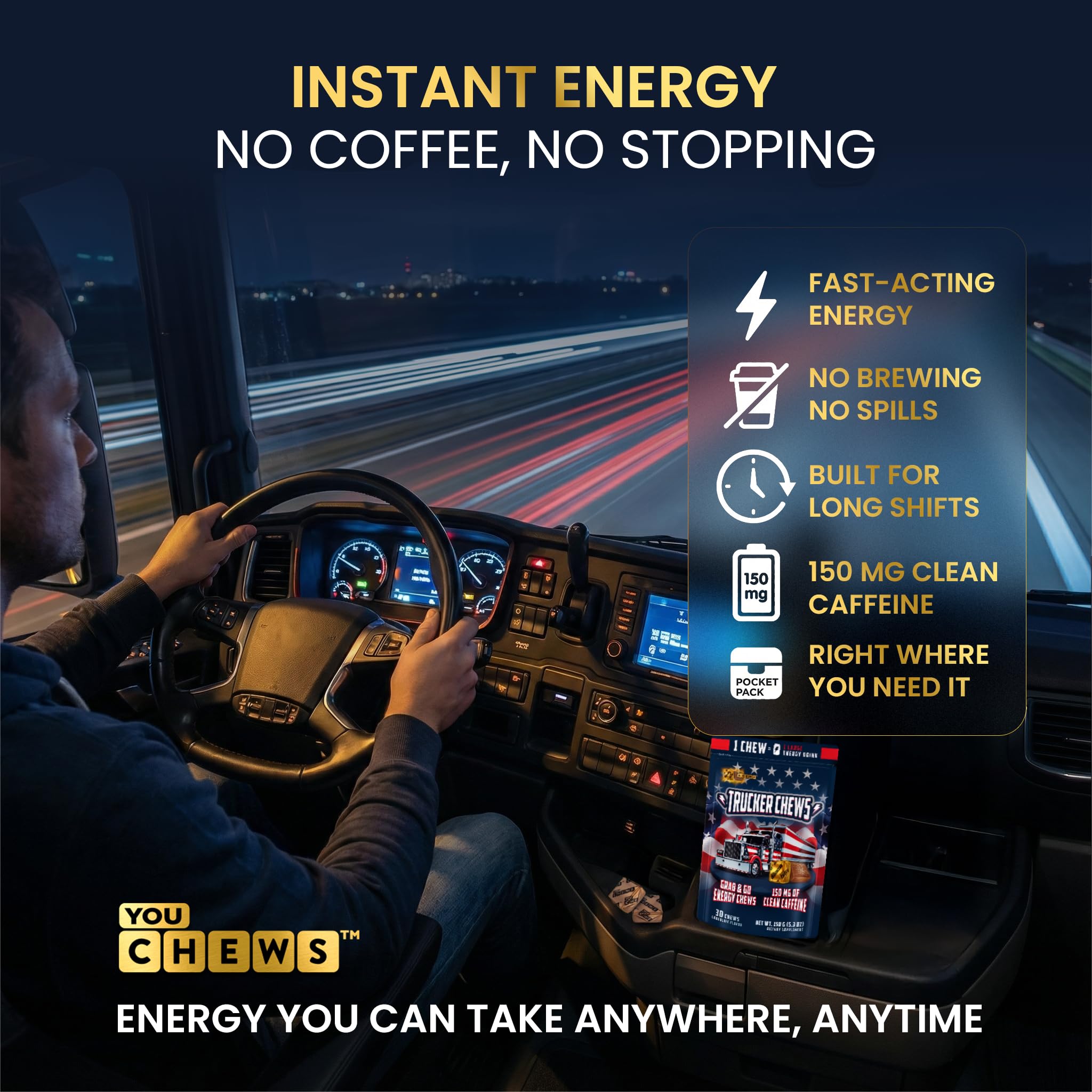 YouChews Trucker Chews in-cab storage showing ready energy for long drives