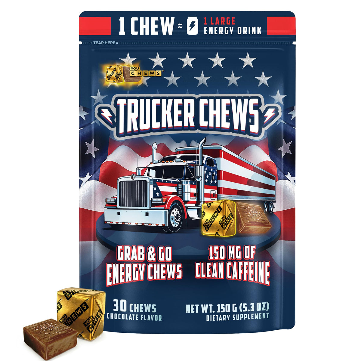 YouChews Trucker Chews packaging front highlighting grab-and-go energy bites