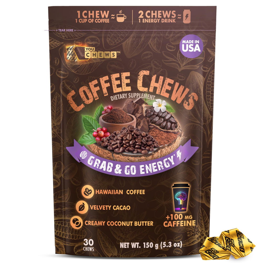 YouChews Coffee Chews pack—30 chews for on-the-go energy.