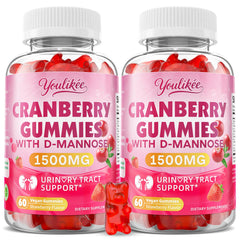 Youlikee cranberry gummies bottle closeup highlighting vegan and sugar-free ingredients for daily wellness.