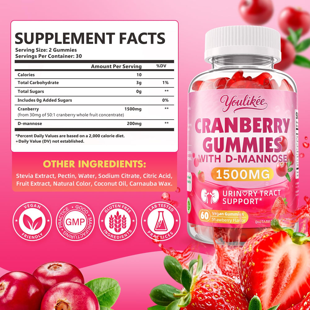 Youlikee cranberry gummies pack shot showcasing the 2-pack, 120-count total for convenience.