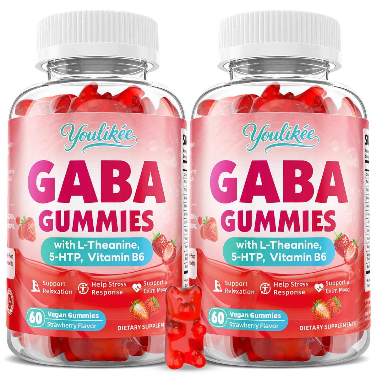 Youlikee GABA Gummies bottle close-up, strawberry flavor for a calm daily routine.