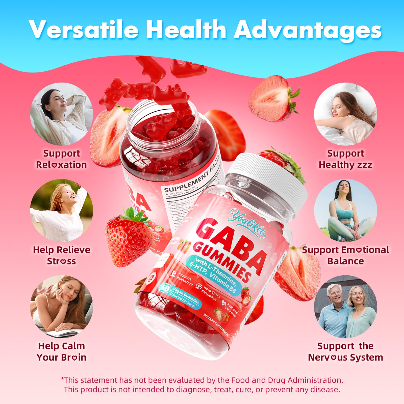 Youlikee GABA Gummies ingredients list emphasizes L-Theanine and 5-HTP for balance.