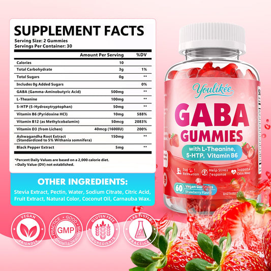 Youlikee GABA Gummies packaging shows a 2-pack option and vegan formula.
