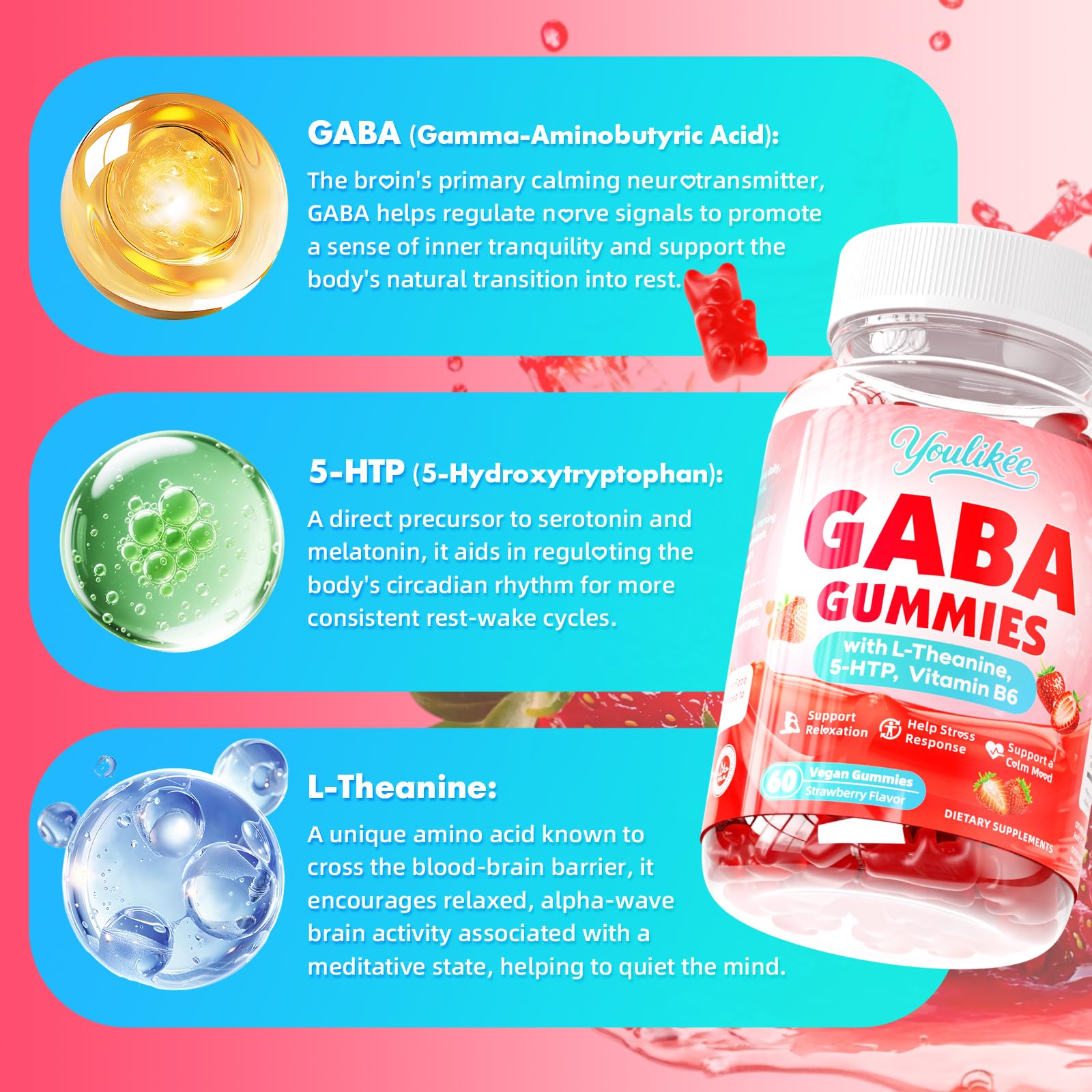 Youlikee GABA Gummies texture close-up, highlighting vegan and sugar-free design.