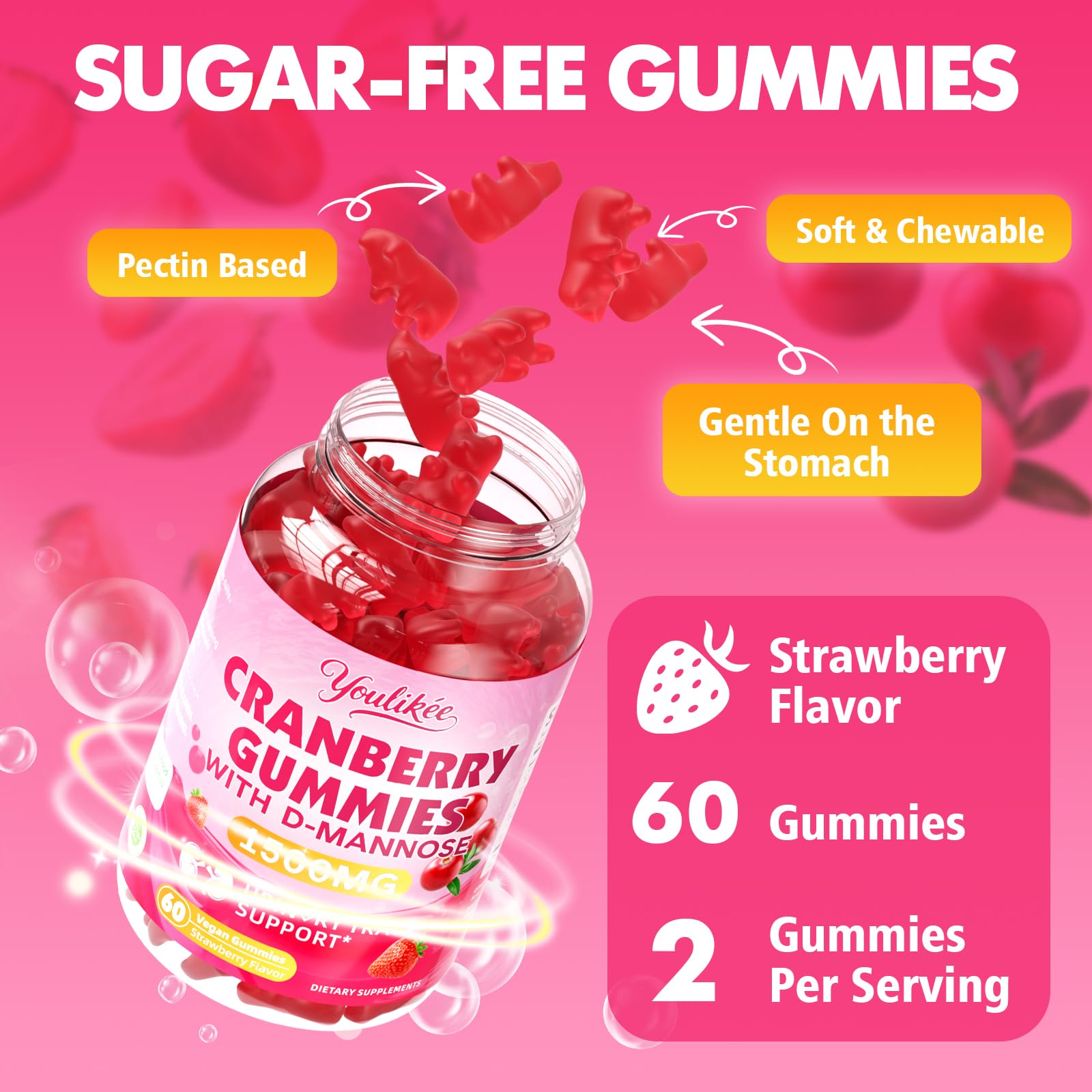 Youlikee cranberry gummies third-party tested seal visible on bottle label.