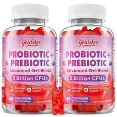 Youlikee prebiotic probiotic gummies bottle front for daily gut support.