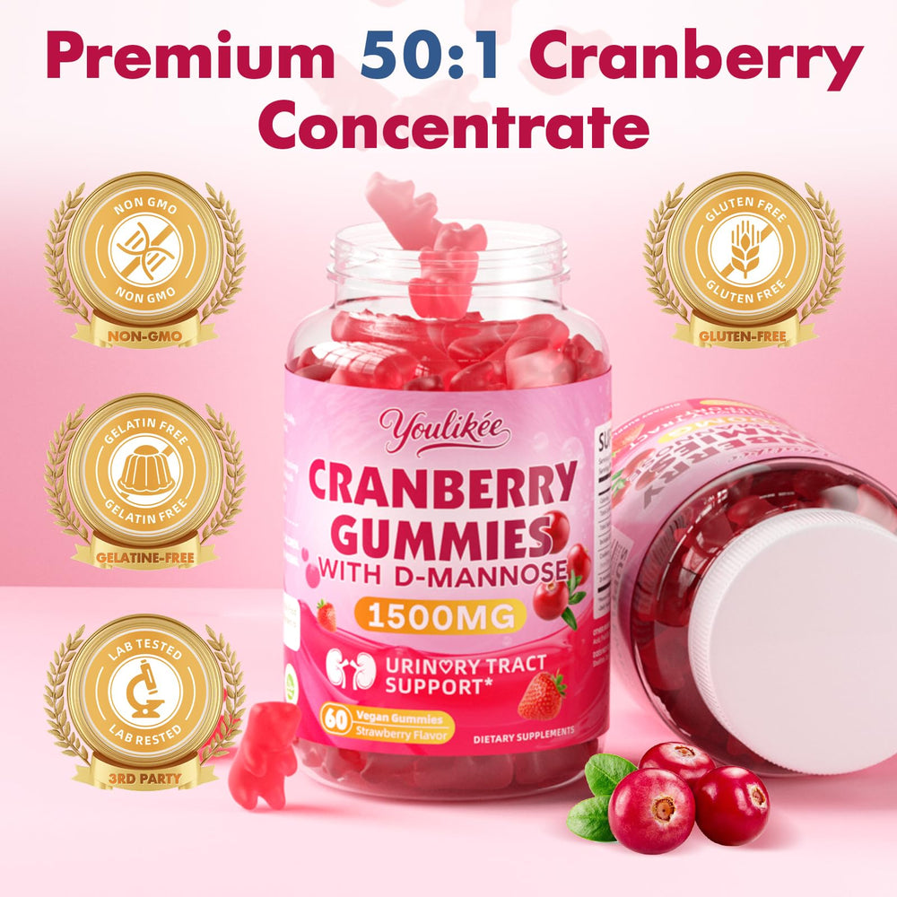 Youlikee cranberry gummies sugar-free label highlighting clean taste without artificial flavors.