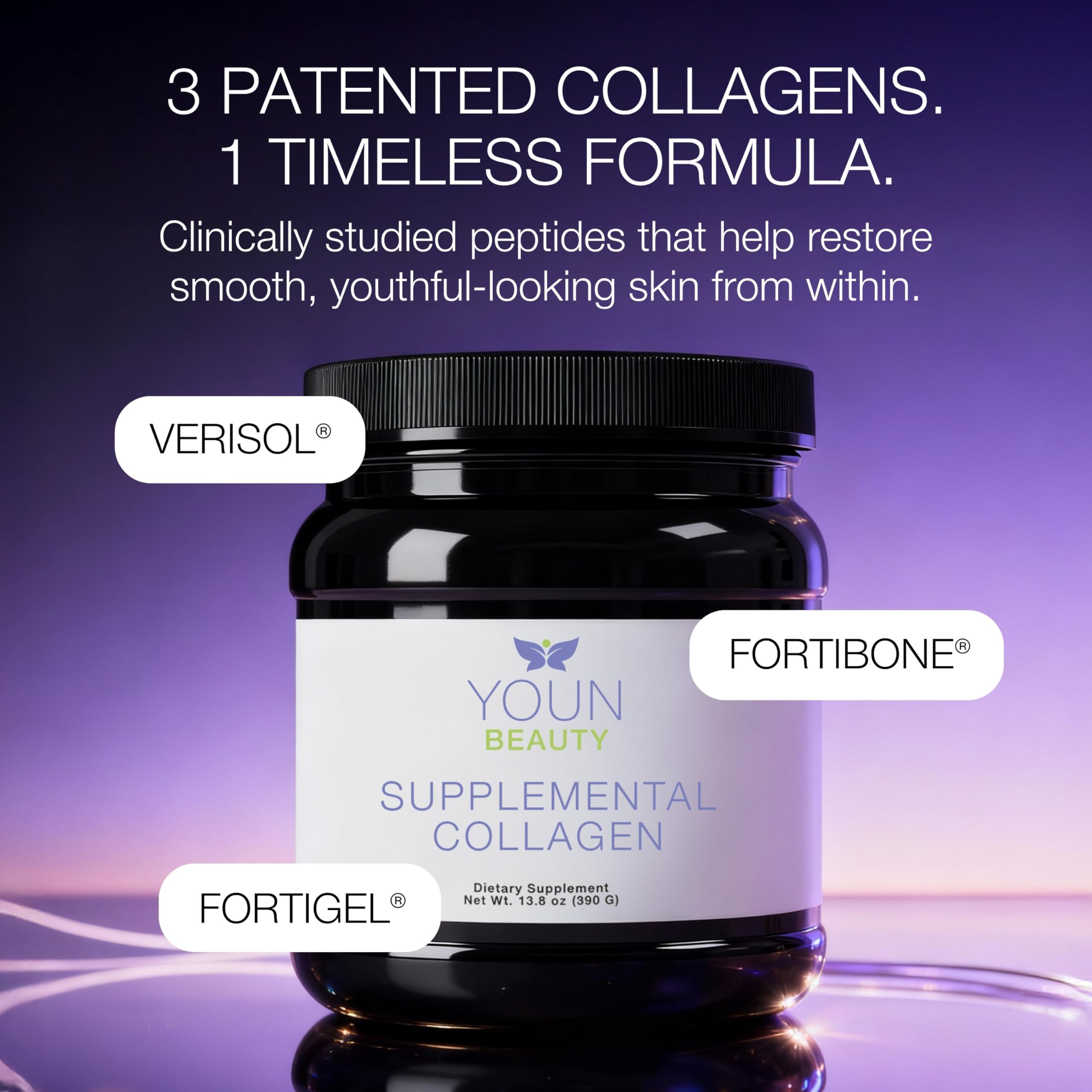 YOUN Beauty collagen powder stirred into tea, promoting simple skin and bone health