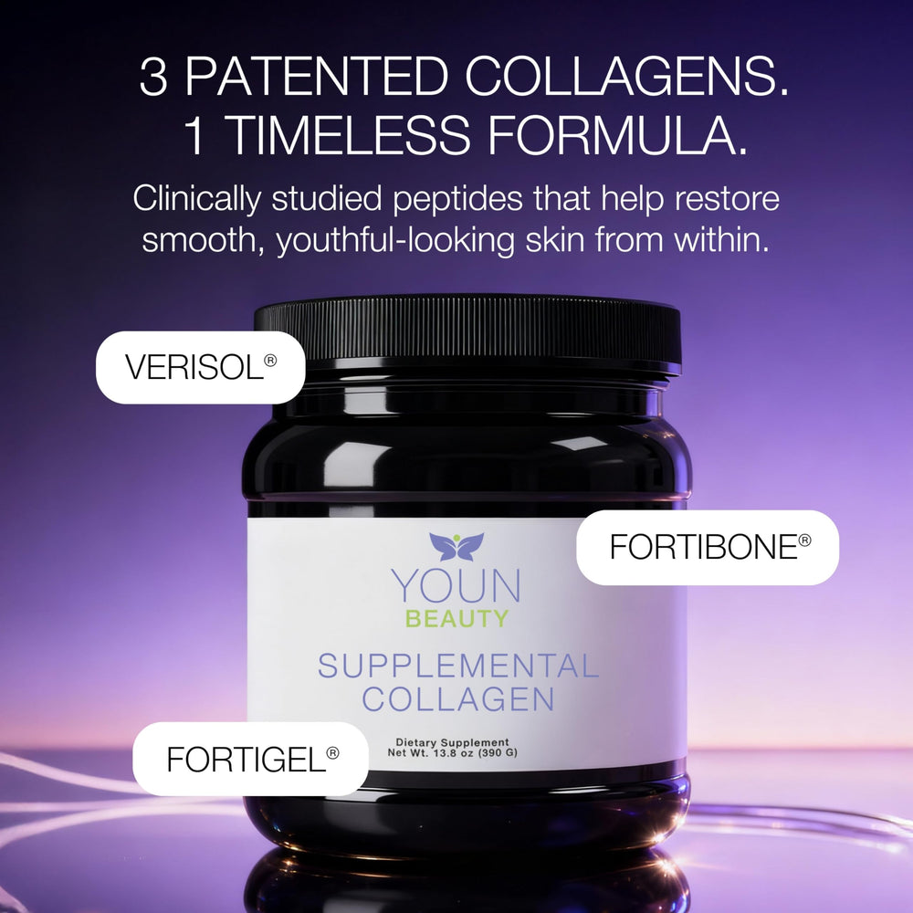 YOUN Beauty collagen powder stirred into tea, promoting simple skin and bone health