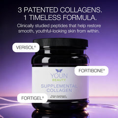 YOUN Beauty collagen powder stirred into tea, promoting simple skin and bone health