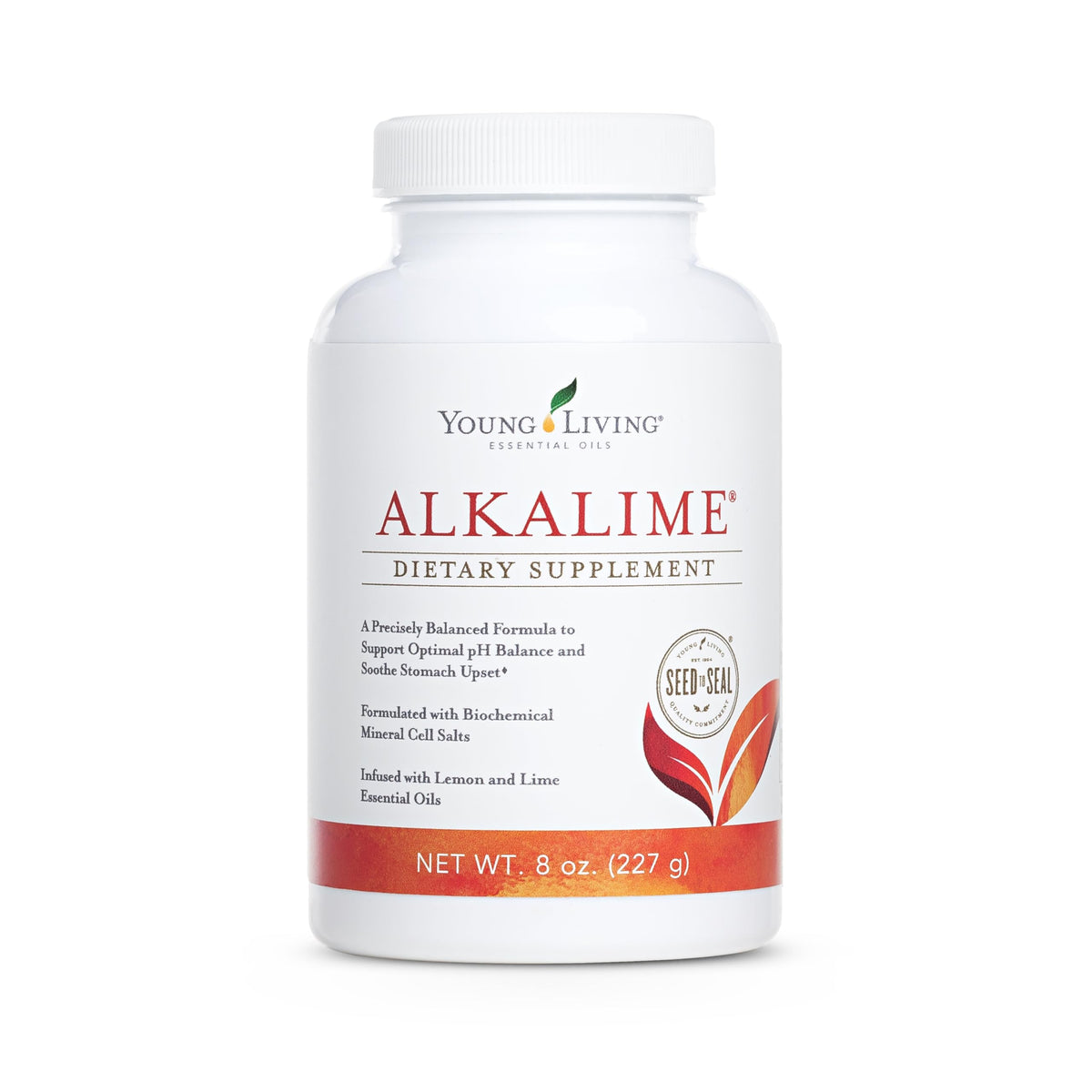 Young Living AlkaLime 8oz bottle on a clean surface for daily citrus refreshment.