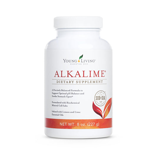 Young Living AlkaLime 8oz bottle on a clean surface for daily citrus refreshment.