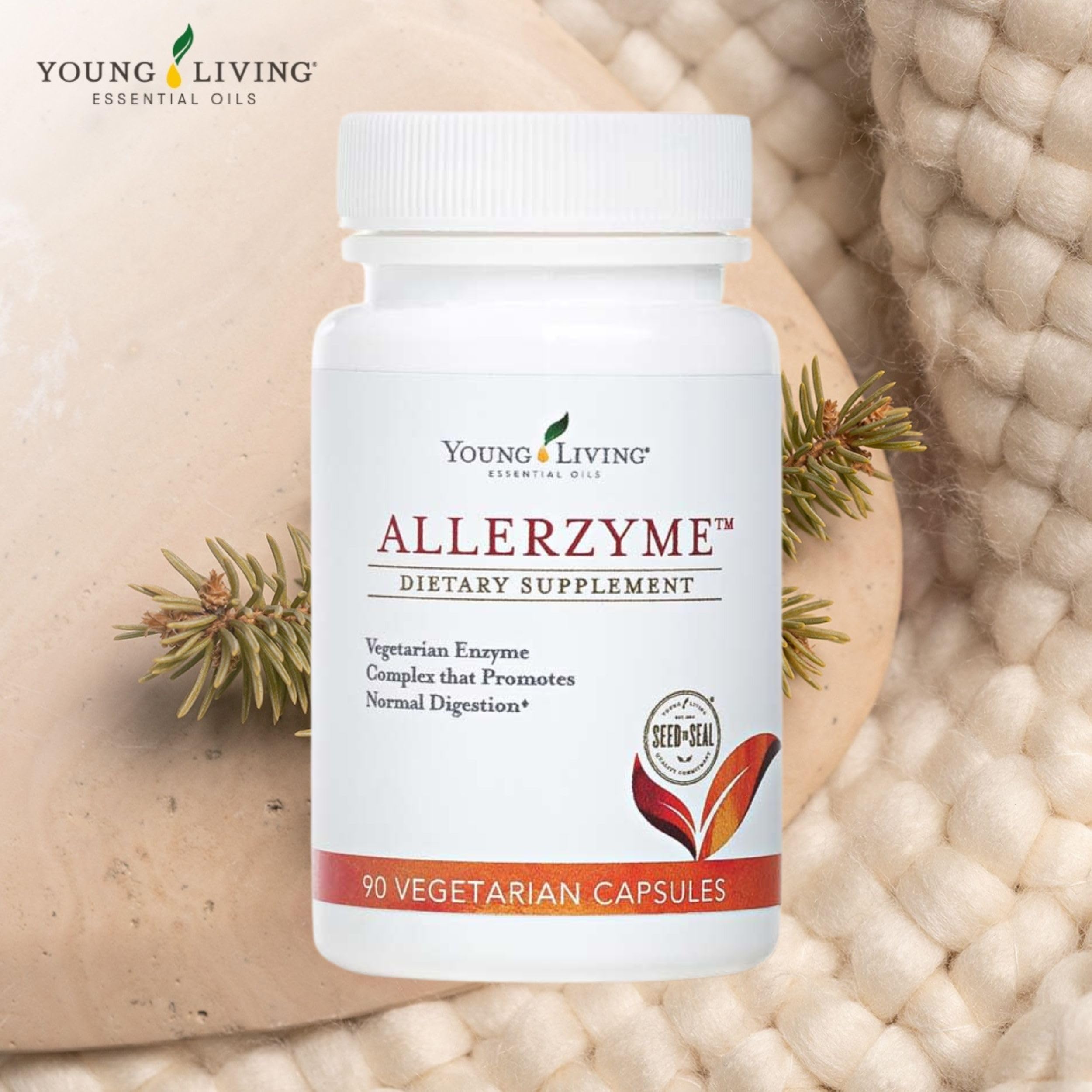 Young Living Allerzyme bottle label details and serving size for vegan-friendly digestive aid.