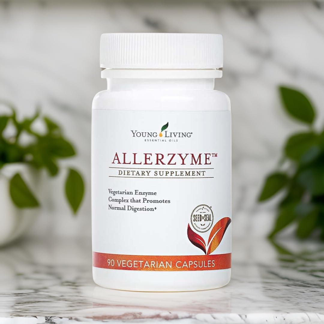 Young Living Allerzyme capsules closeup showing plant-based enzymes for post-meal comfort.