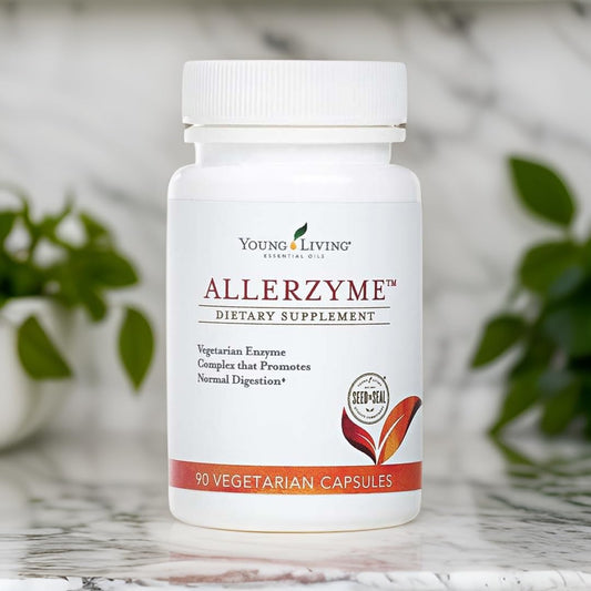 Young Living Allerzyme capsules closeup showing plant-based enzymes for post-meal comfort.