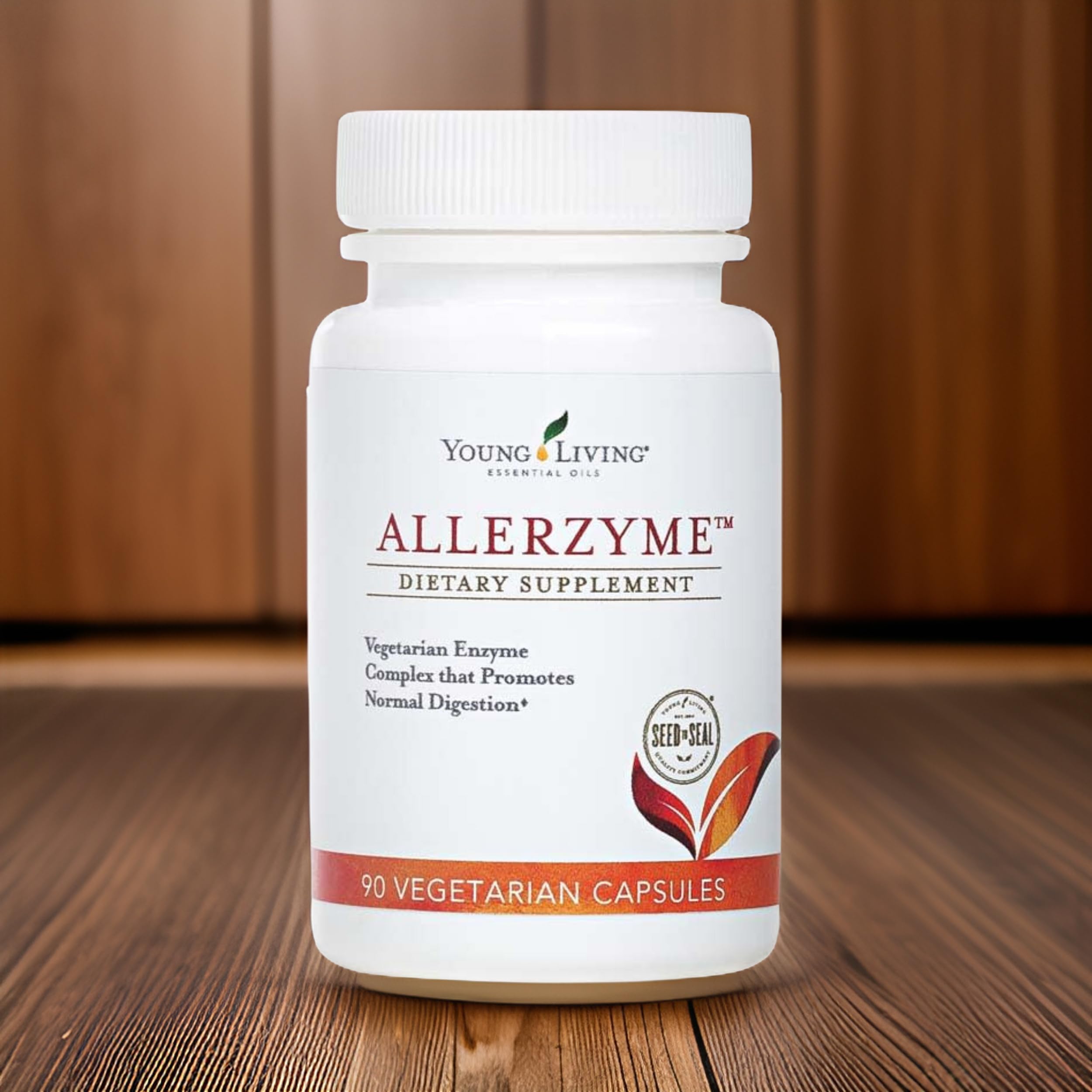 Young Living Allerzyme capsules in hand demonstrating easy daily use.