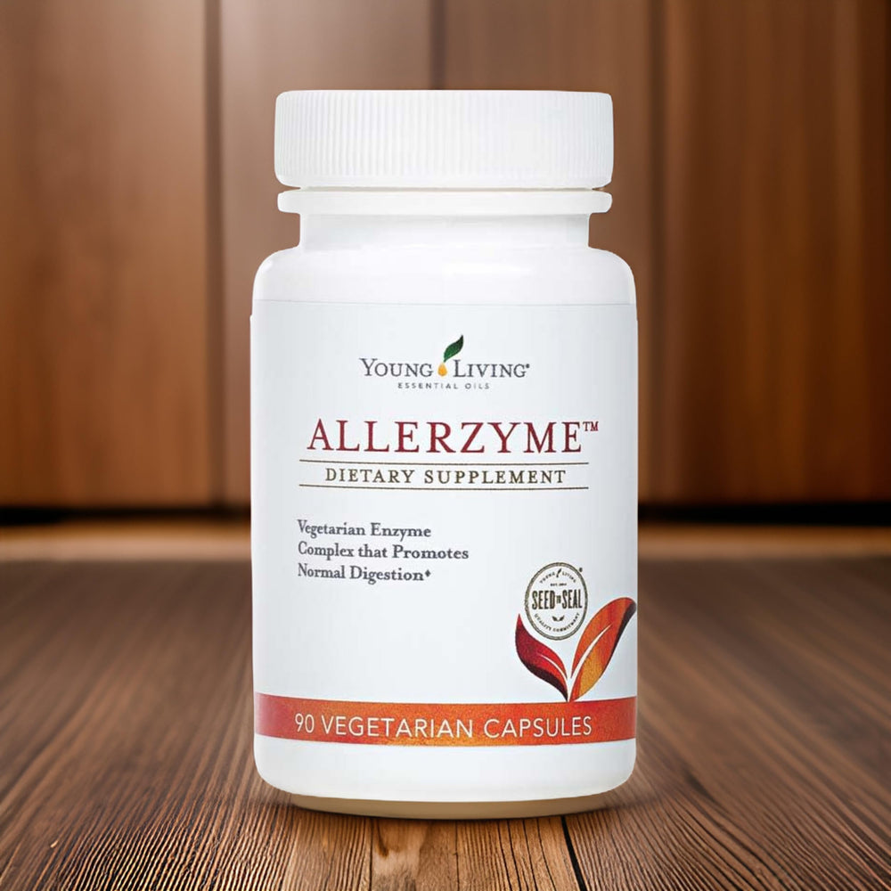 Young Living Allerzyme capsules in hand demonstrating easy daily use.