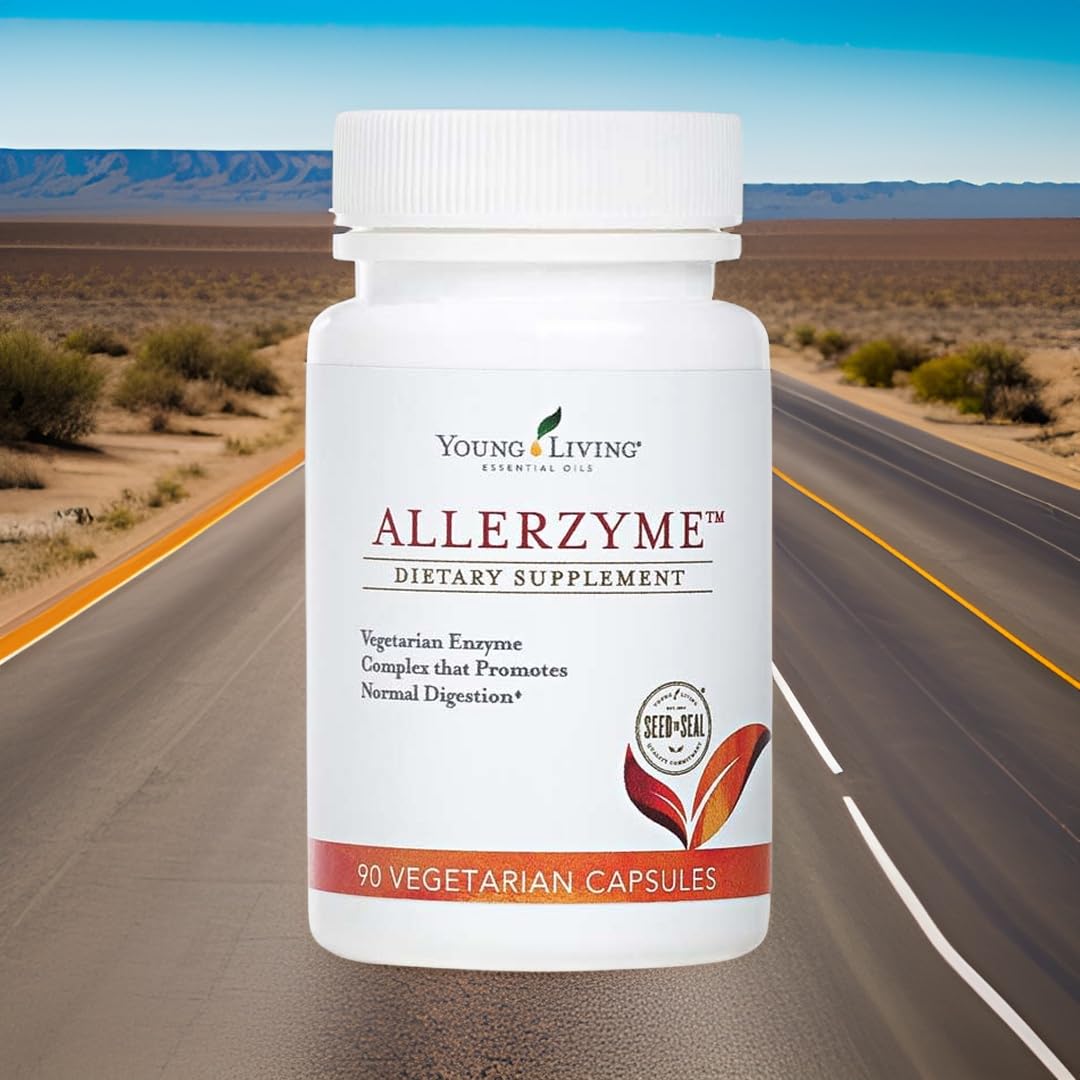 Young Living Allerzyme digestive support scene illustrating a balanced post-meal routine.