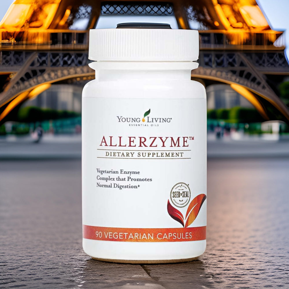 Young Living Allerzyme packaging and 90-count bottle press to emphasize ample supply.
