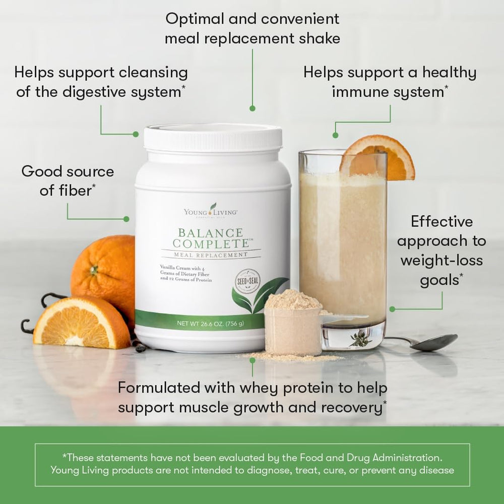 Balance Complete shake glass shows convenient on-the-go nutrition.