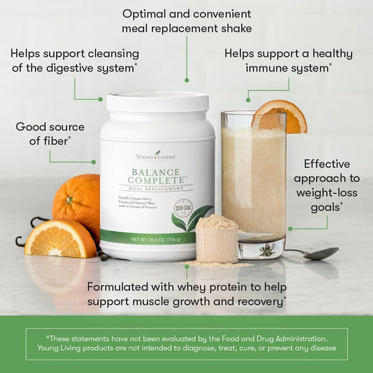 Balance Complete shake glass shows convenient on-the-go nutrition.