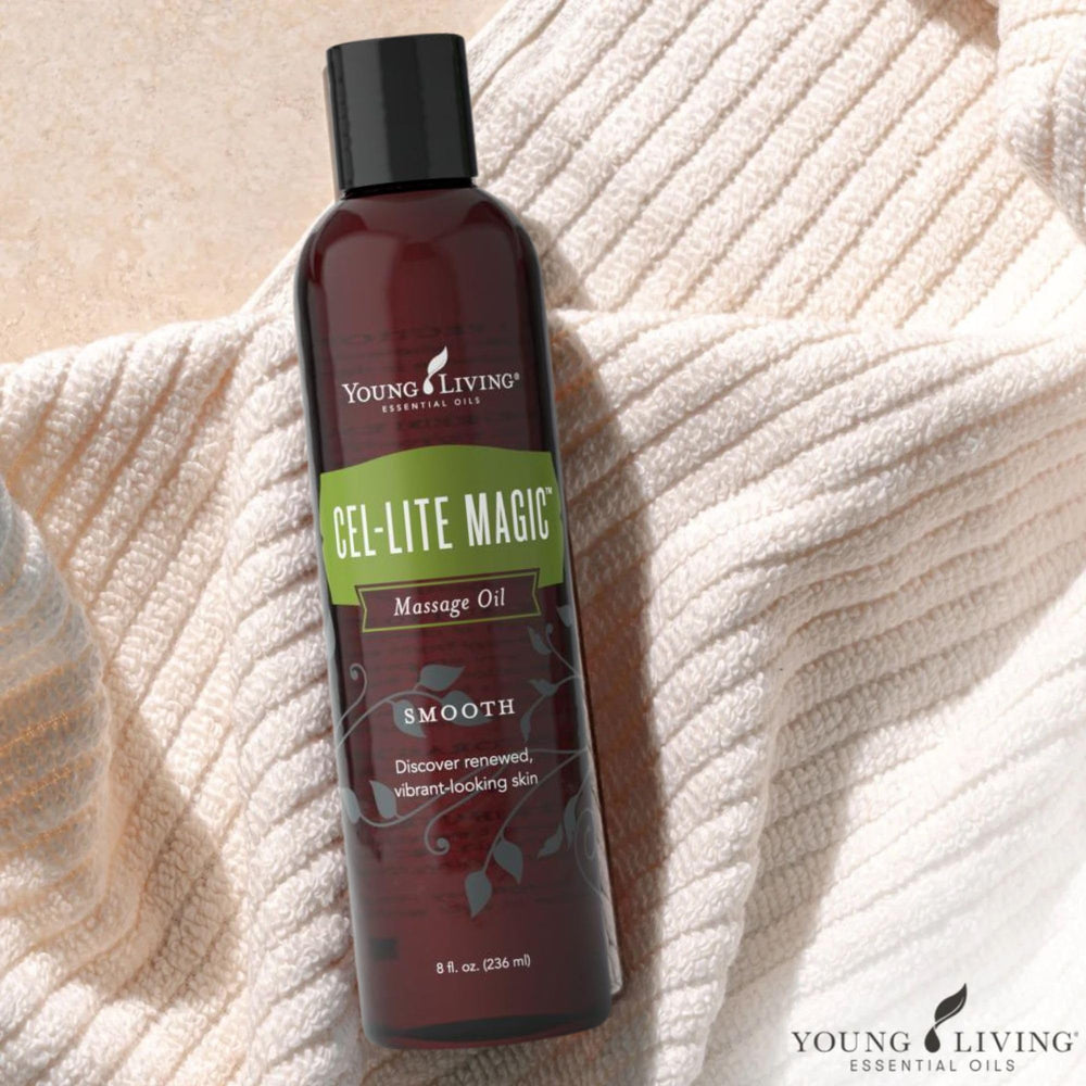 Cel-Lite Magic bottle on vanity for skincare and aromatherapy.