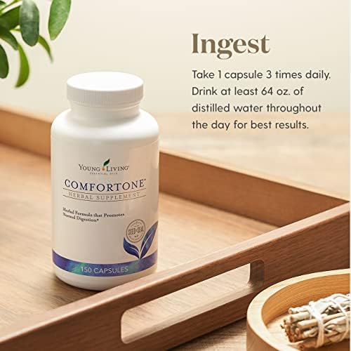 Young Living ComfortTone capsules bottle closeup shows a natural herb blend for balanced digestion.