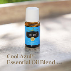 Clean-label packaging display for Young Living Cool Azul essential oil.