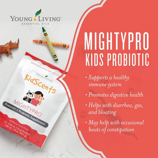 Young Living KidScents MightyPro packets dissolving in water for easy kid-friendly intake.